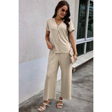 Solid Knit Pockets Button Up Two Pieces V Neck Set - MVTFASHION.COM