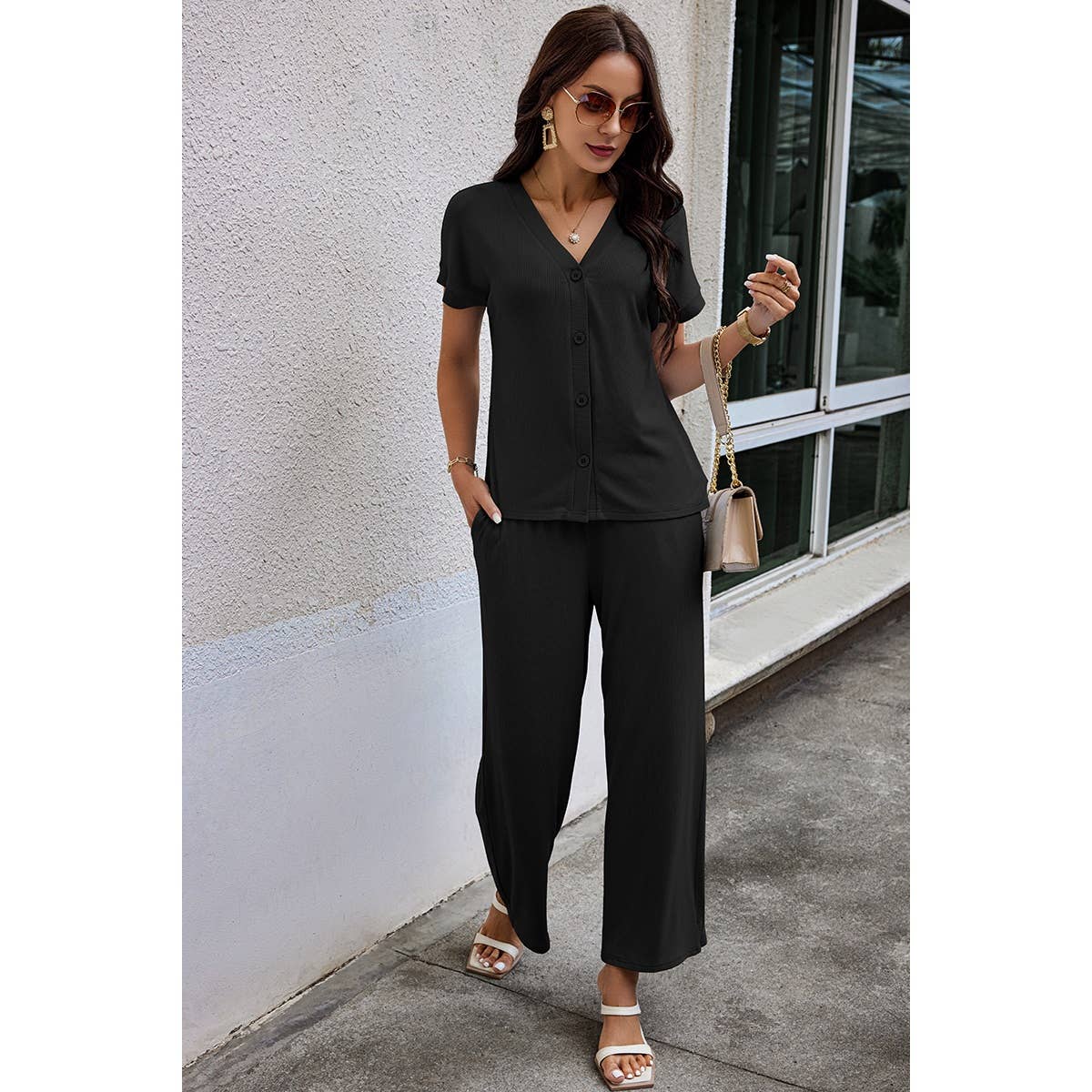 Solid Knit Pockets Button Up Two Pieces V Neck Set - MVTFASHION.COM