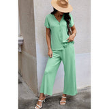 Solid Knit Pockets Button Up Two Pieces V Neck Set - MVTFASHION.COM