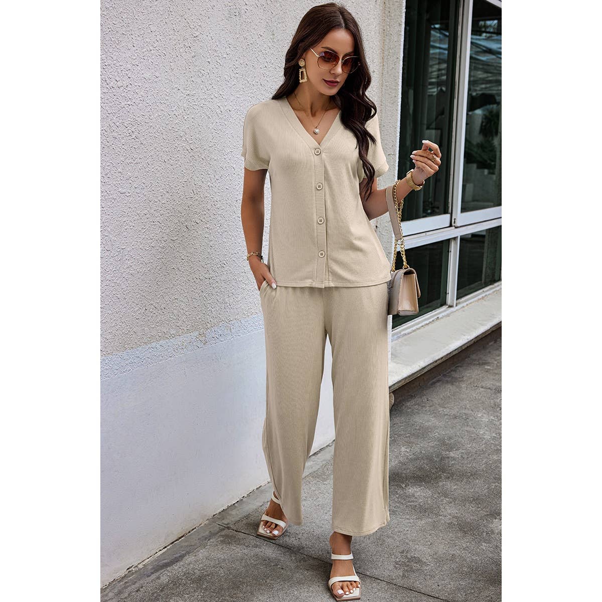 Solid Knit Pockets Button Up Two Pieces V Neck Set - MVTFASHION.COM