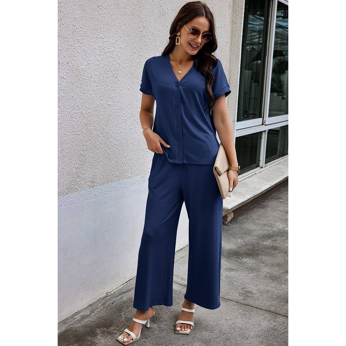 Solid Knit Pockets Button Up Two Pieces V Neck Set - MVTFASHION.COM