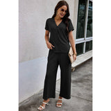 Solid Knit Pockets Button Up Two Pieces V Neck Set - MVTFASHION.COM