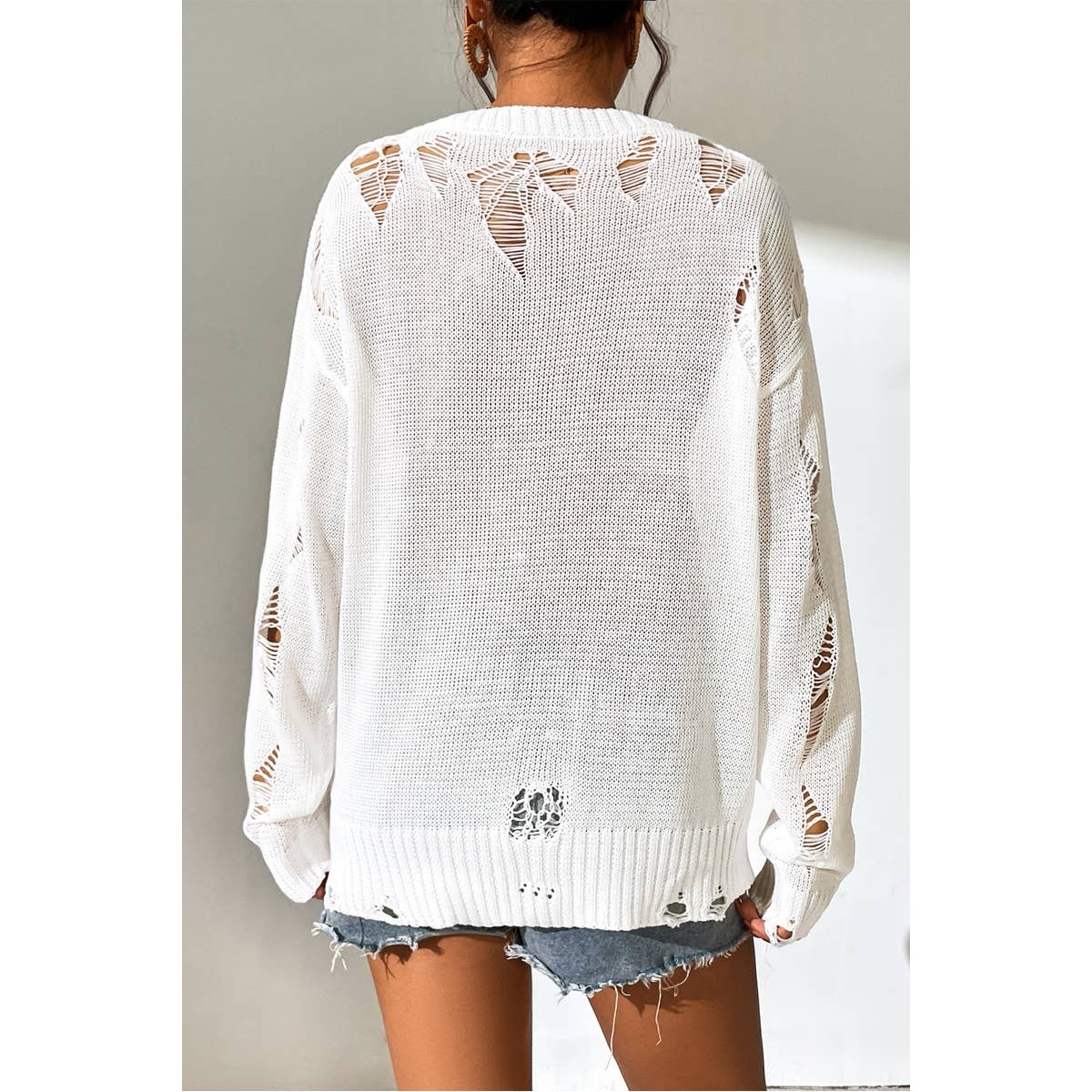 Solid Knit Pointelle Knit Drop Shoulder Sweater - MVTFASHION.COM