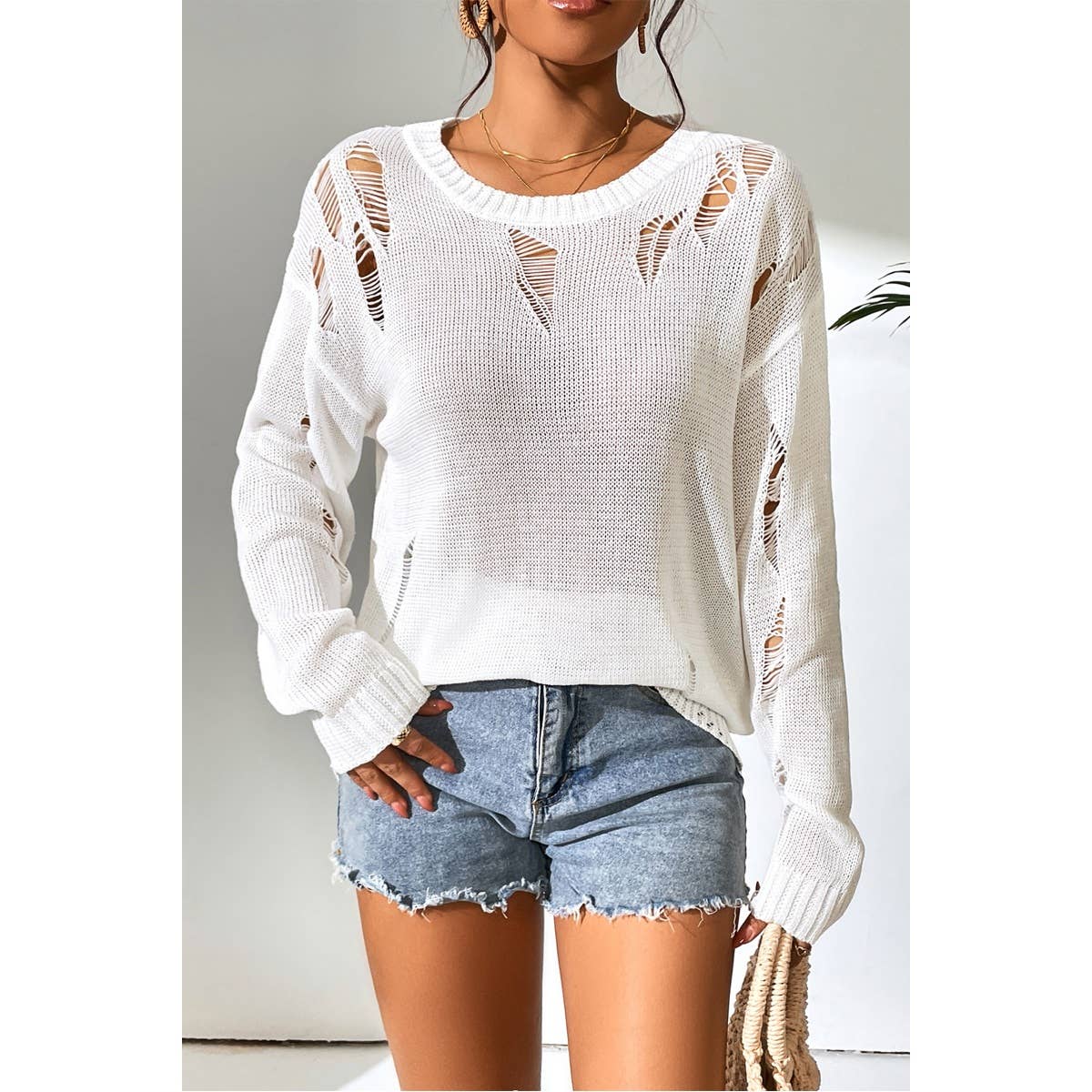 Solid Knit Pointelle Knit Drop Shoulder Sweater - MVTFASHION.COM