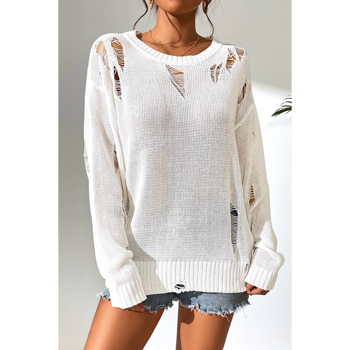 Solid Knit Pointelle Knit Drop Shoulder Sweater - MVTFASHION.COM