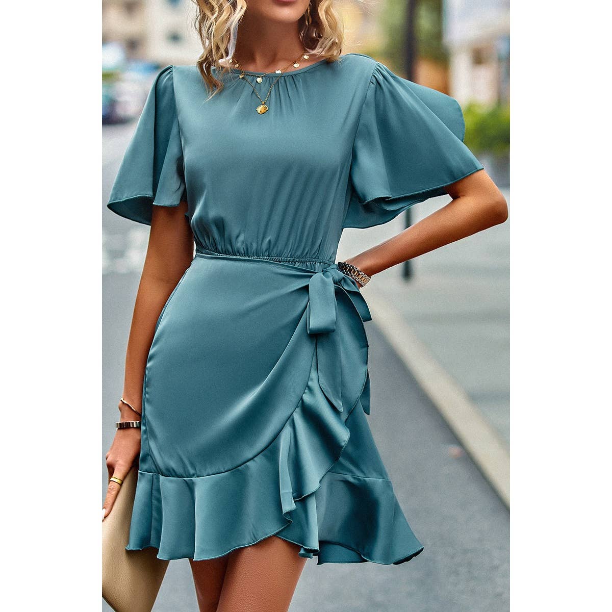 Solid Knot Belt Hem Ruffle Fit Wrap Midi Dress - MVTFASHION.COM