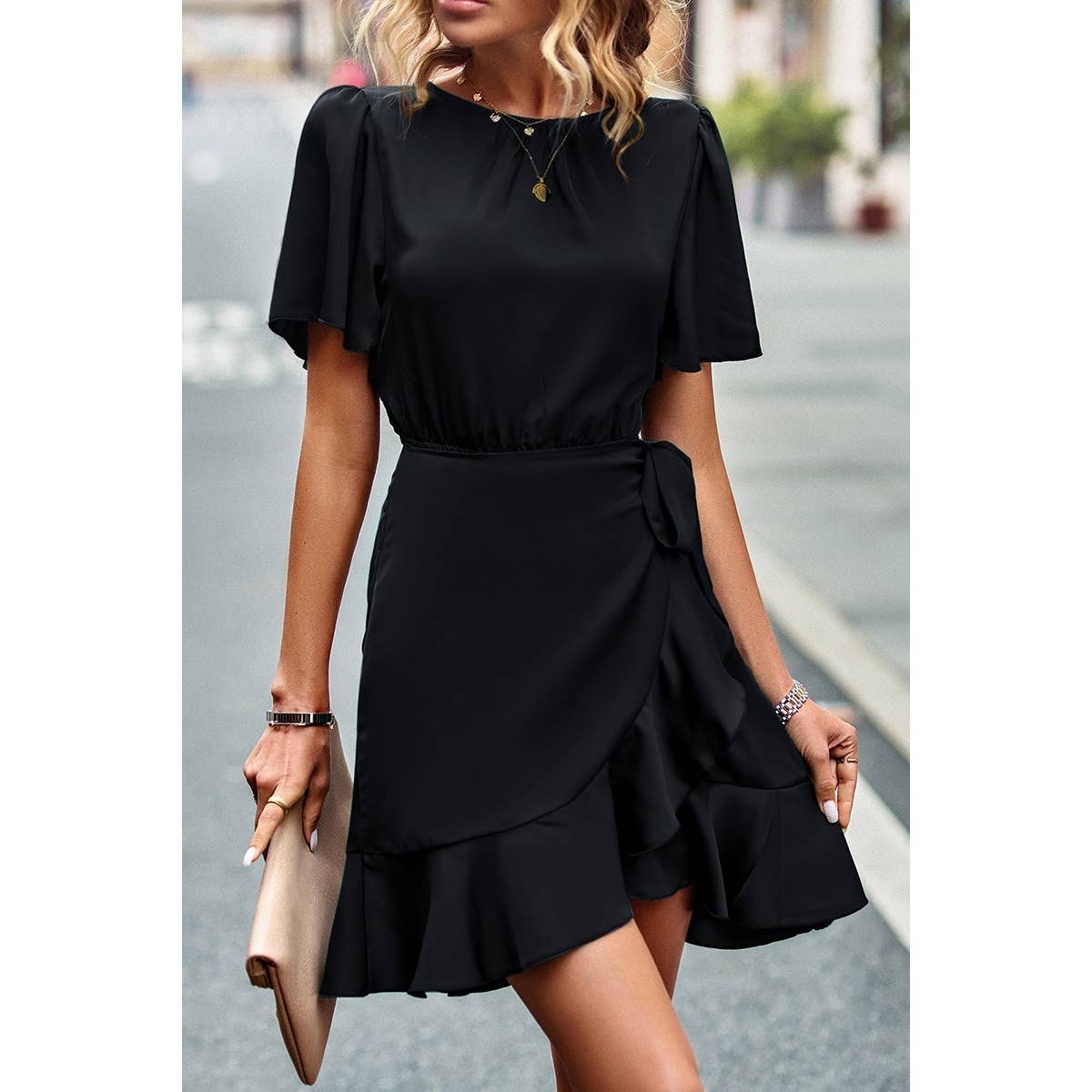 Solid Knot Belt Hem Ruffle Fit Wrap Midi Dress - MVTFASHION.COM