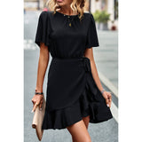 Solid Knot Belt Hem Ruffle Fit Wrap Midi Dress - MVTFASHION.COM