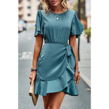 Solid Knot Belt Hem Ruffle Fit Wrap Midi Dress - MVTFASHION.COM