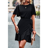 Solid Knot Belt Hem Ruffle Fit Wrap Midi Dress - MVTFASHION.COM