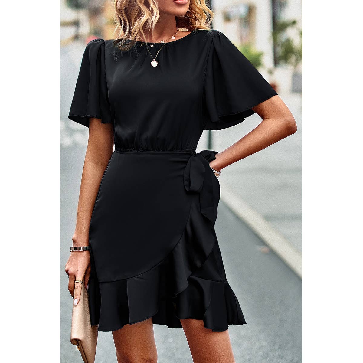 Solid Knot Belt Hem Ruffle Fit Wrap Midi Dress - MVTFASHION.COM