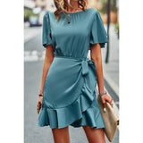 Solid Knot Belt Hem Ruffle Fit Wrap Midi Dress - MVTFASHION.COM