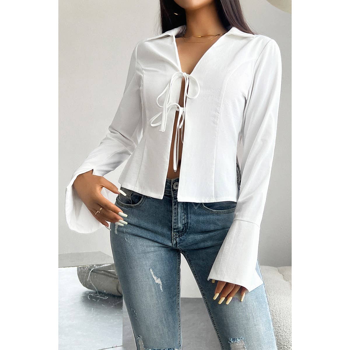 Solid Knot Slit Tied Collared Neck Blouse - MVTFASHION.COM