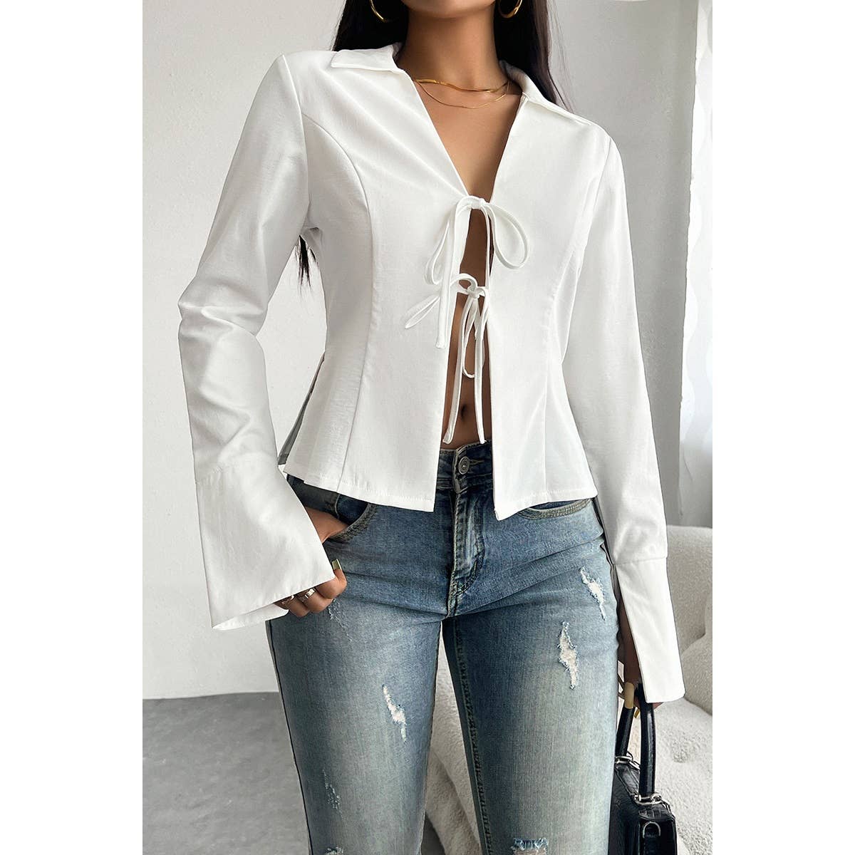 Solid Knot Slit Tied Collared Neck Blouse - MVTFASHION.COM