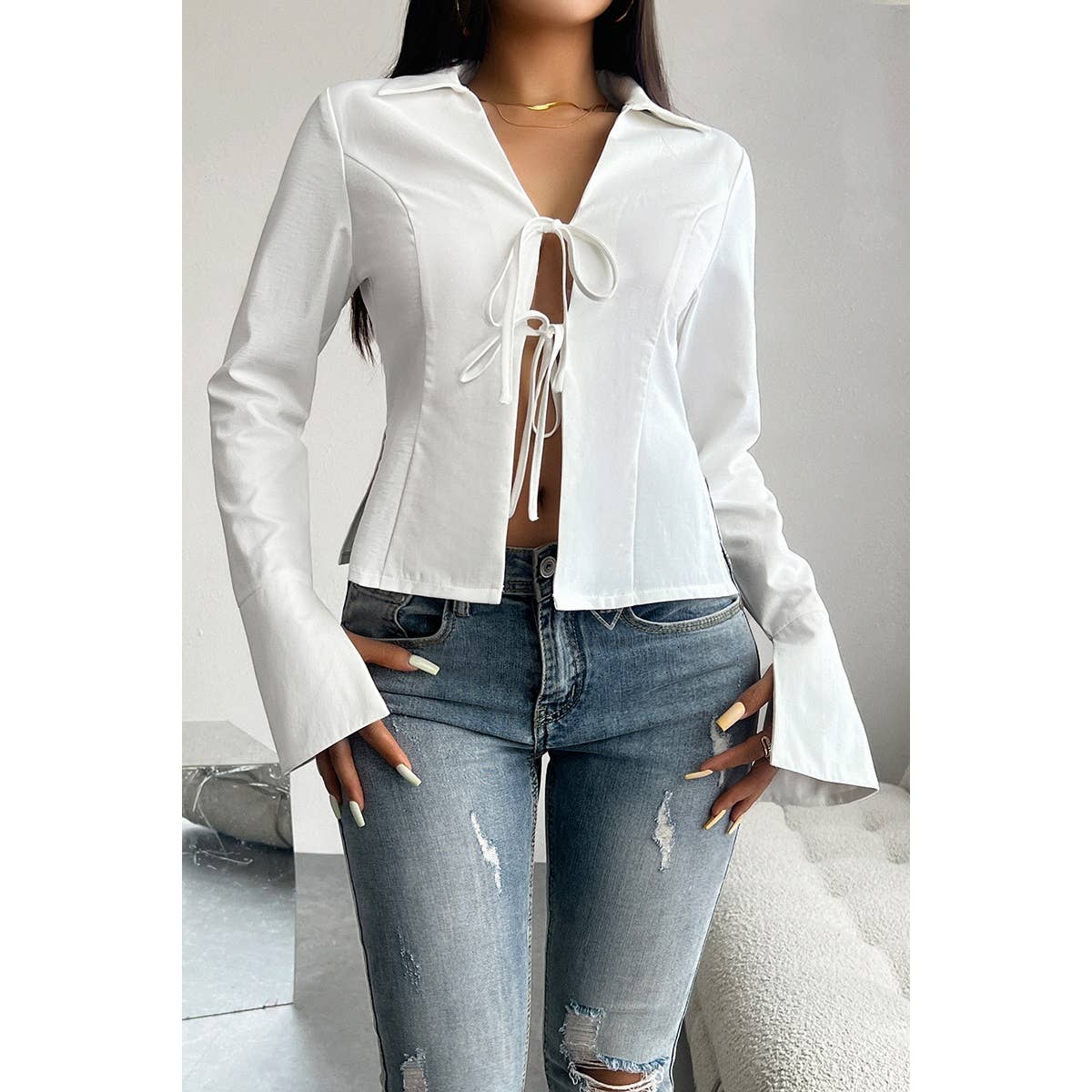 Solid Knot Slit Tied Collared Neck Blouse - MVTFASHION.COM