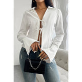 Solid Knot Slit Tied Collared Neck Blouse - MVTFASHION.COM