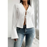 Solid Knot Slit Tied Collared Neck Blouse - MVTFASHION.COM