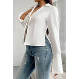 Solid Knot Slit Tied Collared Neck Blouse - MVTFASHION.COM