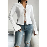 Solid Knot Slit Tied Collared Neck Blouse - MVTFASHION.COM