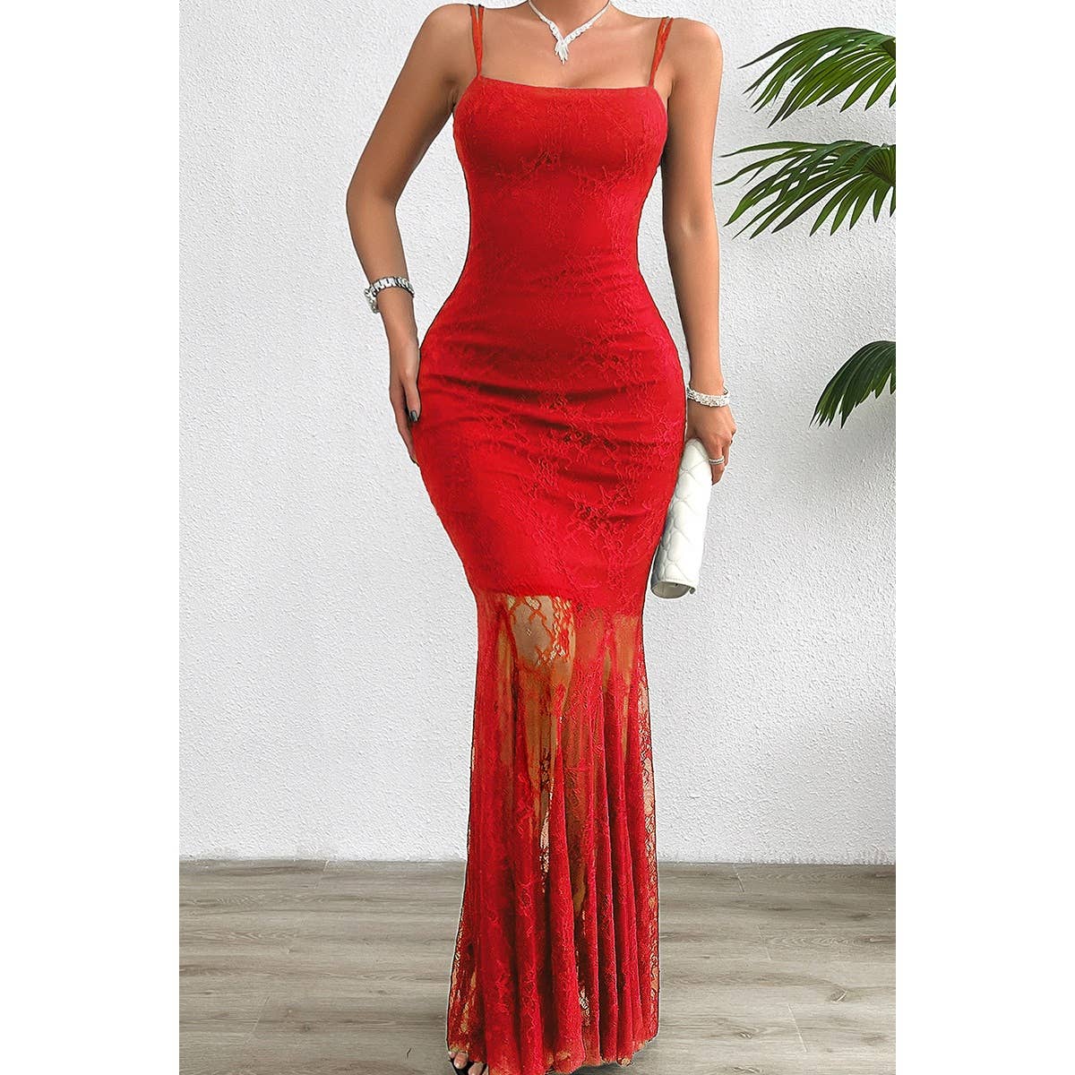 Solid Lace Sling Open Back Bodycon Maxi Dress - MVTFASHION.COM