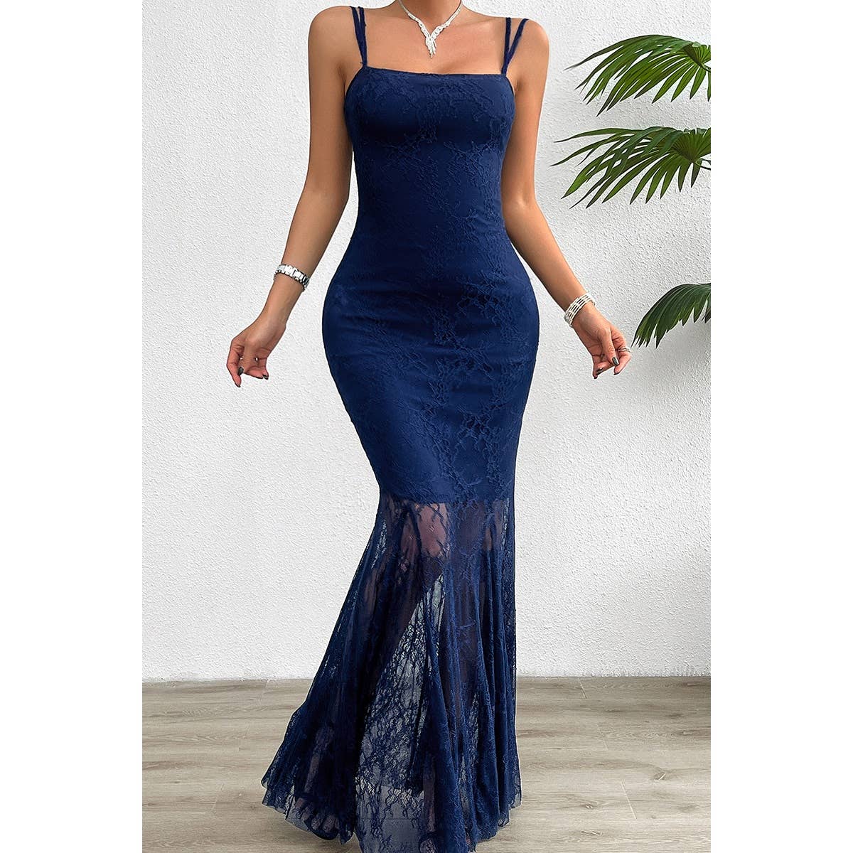 Solid Lace Sling Open Back Bodycon Maxi Dress - MVTFASHION.COM