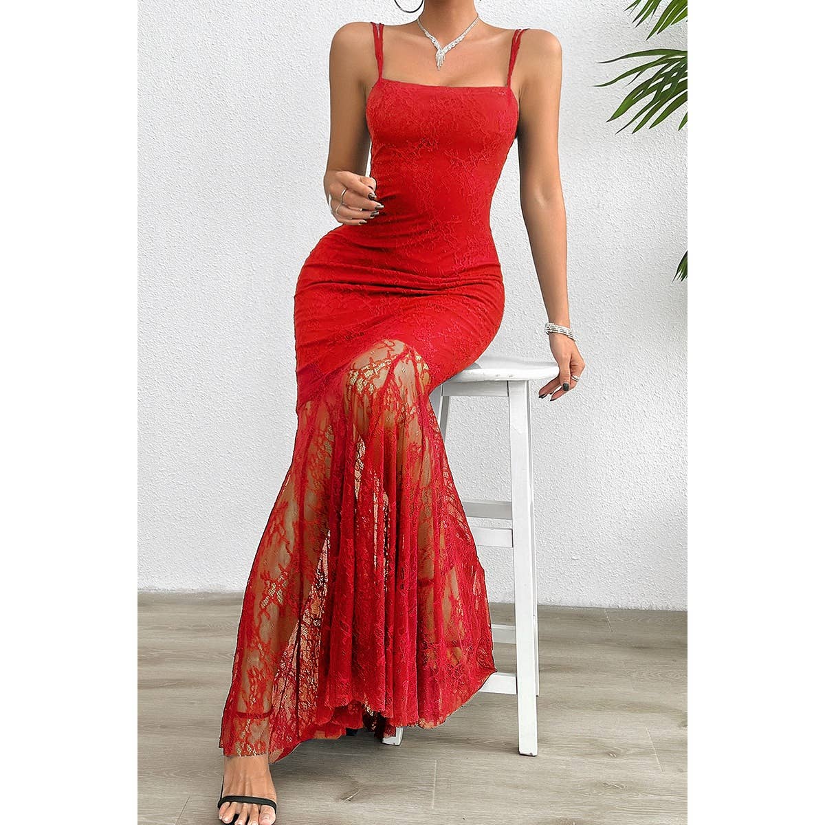 Solid Lace Sling Open Back Bodycon Maxi Dress - MVTFASHION.COM