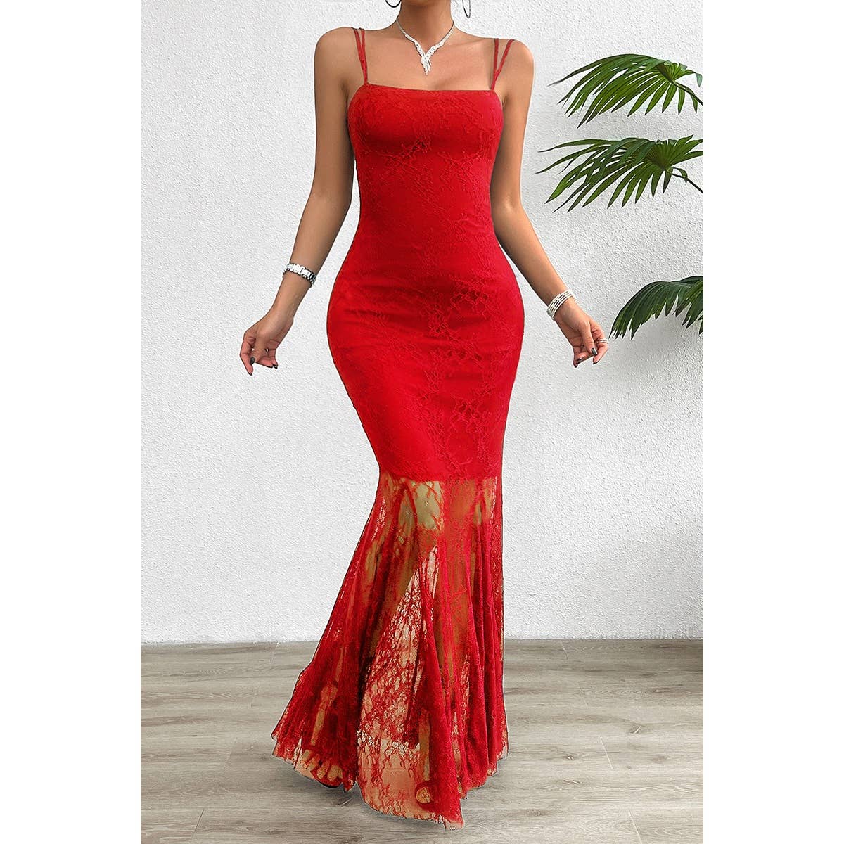 Solid Lace Sling Open Back Bodycon Maxi Dress - MVTFASHION.COM