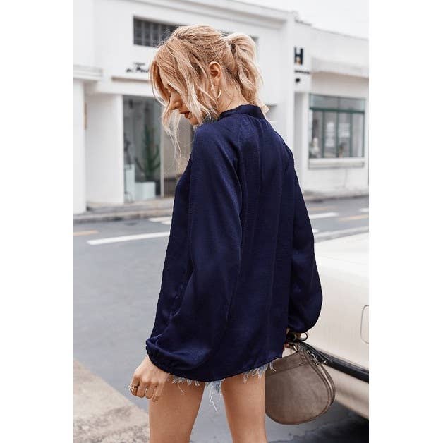 Solid Loose Long Sleeve Tie Neck Top - MVTFASHION.COM