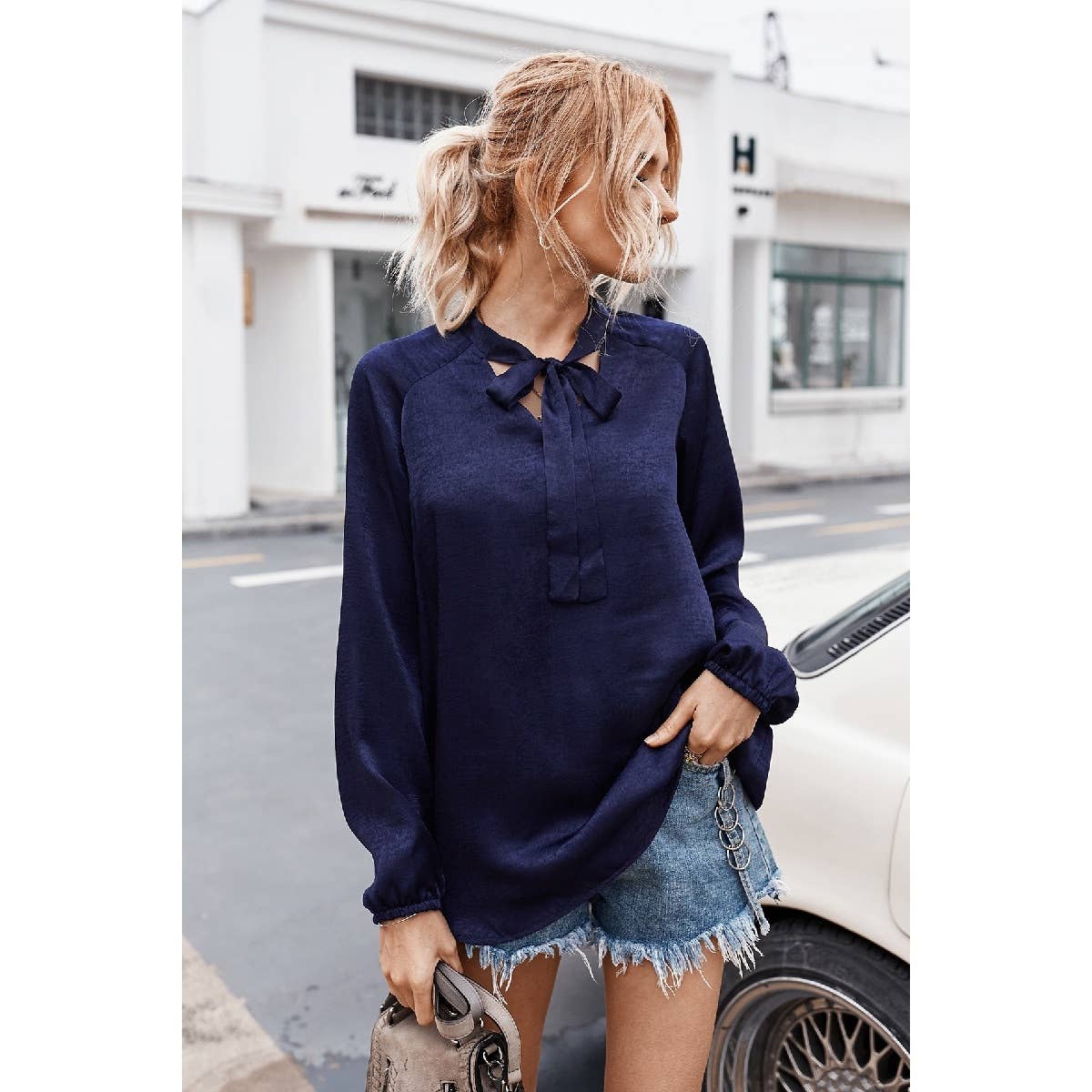 Solid Loose Long Sleeve Tie Neck Top - MVTFASHION.COM