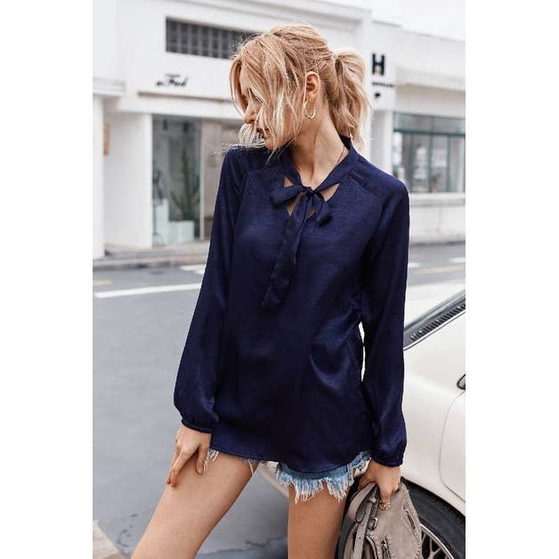 Solid Loose Long Sleeve Tie Neck Top - MVTFASHION.COM