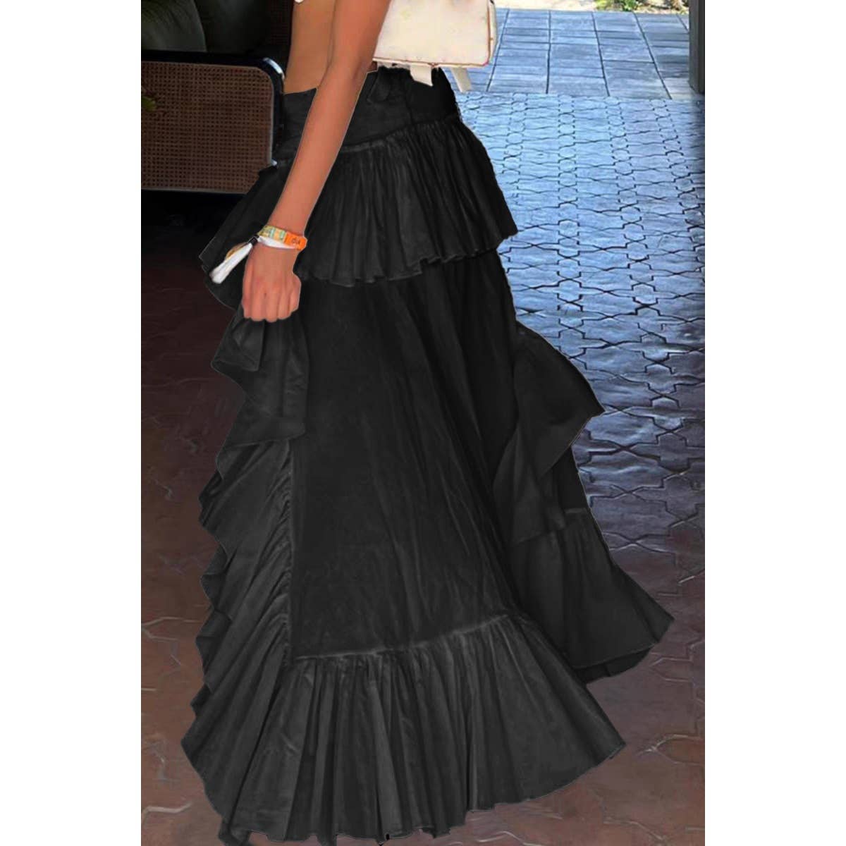 Solid Low Ruffle Hem Egirl Goth Tiered Midi Skirt - MVTFASHION.COM