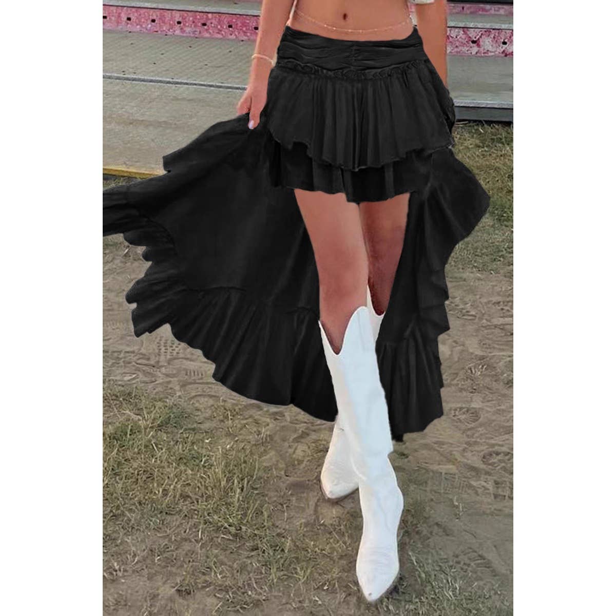 Solid Low Ruffle Hem Egirl Goth Tiered Midi Skirt - MVTFASHION.COM