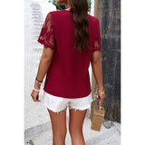 Solid Muslin Lace Sleeves V Neck Loose Blouse - MVTFASHION.COM