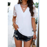 Solid Muslin Lace Sleeves V Neck Loose Blouse - MVTFASHION.COM