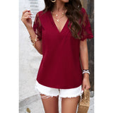 Solid Muslin Lace Sleeves V Neck Loose Blouse - MVTFASHION.COM