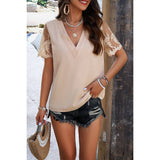 Solid Muslin Lace Sleeves V Neck Loose Blouse - MVTFASHION.COM