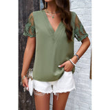 Solid Muslin Lace Sleeves V Neck Loose Blouse - MVTFASHION.COM