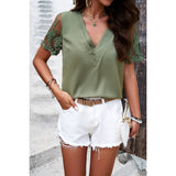 Solid Muslin Lace Sleeves V Neck Loose Blouse - MVTFASHION.COM