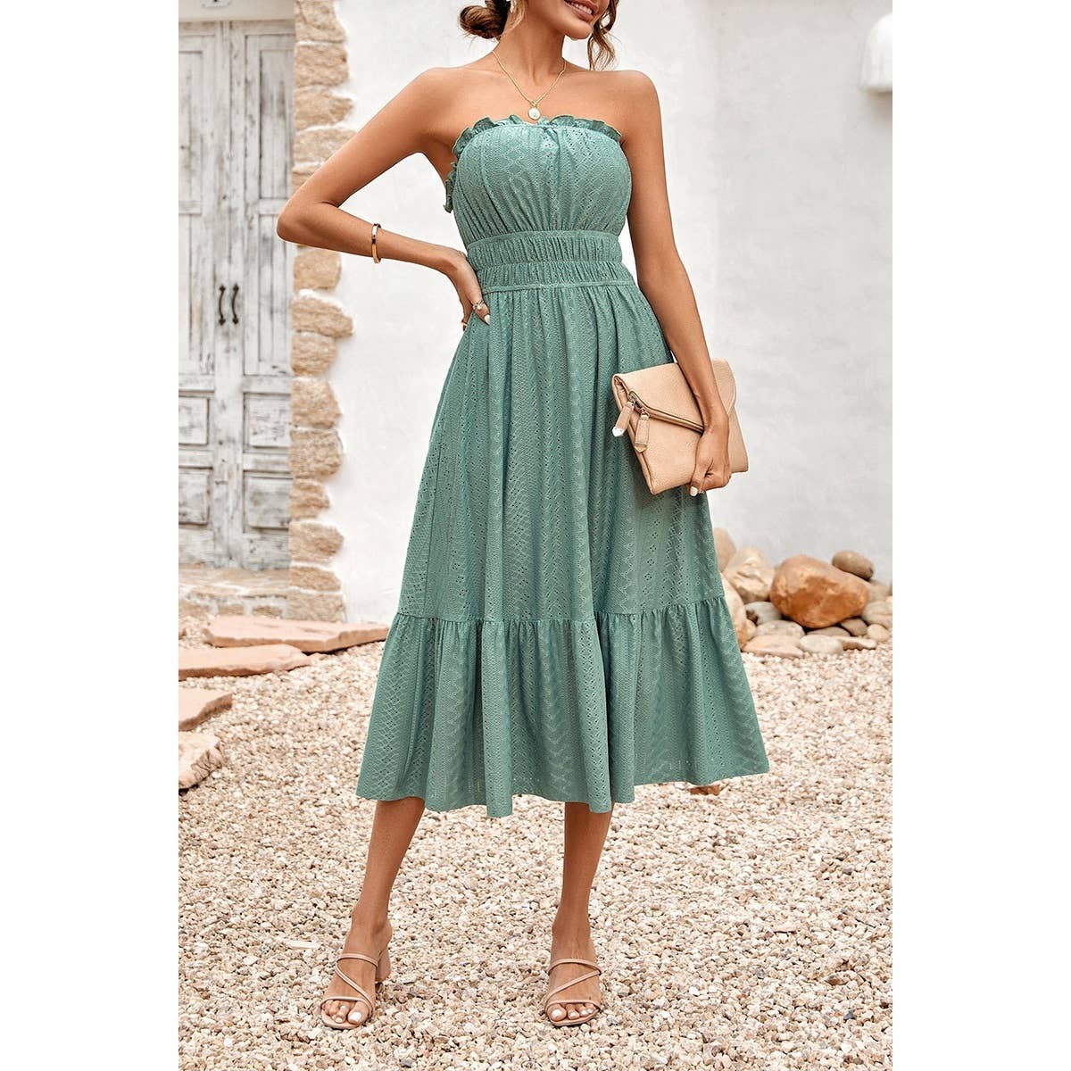 Solid Off Shoulder Elasit Waist Ruffle Dress - MVTFASHION.COM