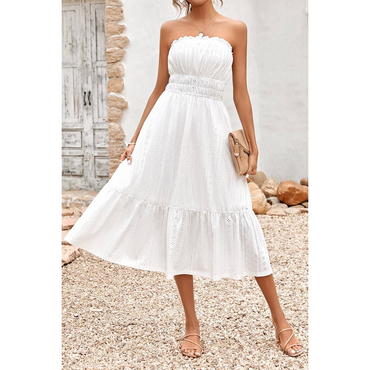 Solid Off Shoulder Elasit Waist Ruffle Dress - MVTFASHION.COM