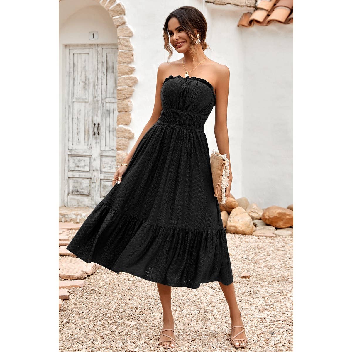 Solid Off Shoulder Elasit Waist Ruffle Dress - MVTFASHION.COM