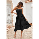 Solid Off Shoulder Elasit Waist Ruffle Dress - MVTFASHION.COM