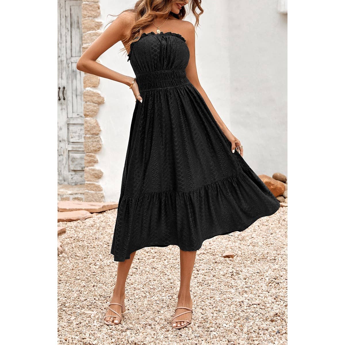 Solid Off Shoulder Elasit Waist Ruffle Dress - MVTFASHION.COM