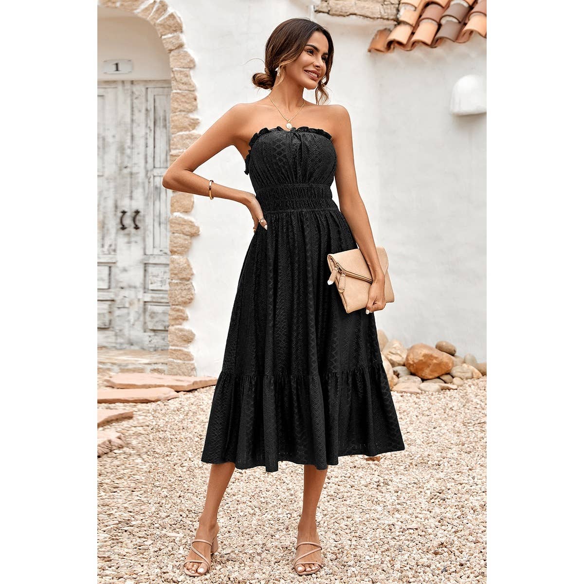 Solid Off Shoulder Elasit Waist Ruffle Dress - MVTFASHION.COM