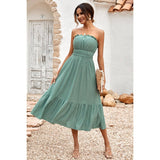 Solid Off Shoulder Elasit Waist Ruffle Dress - MVTFASHION.COM