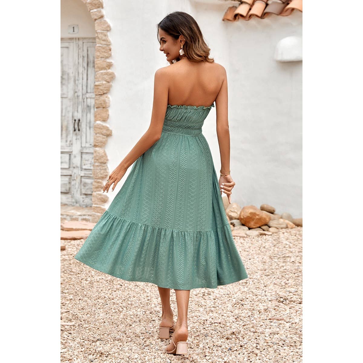 Solid Off Shoulder Elasit Waist Ruffle Dress - MVTFASHION.COM