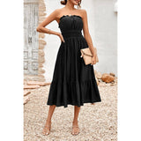 Solid Off Shoulder Elasit Waist Ruffle Dress - MVTFASHION.COM