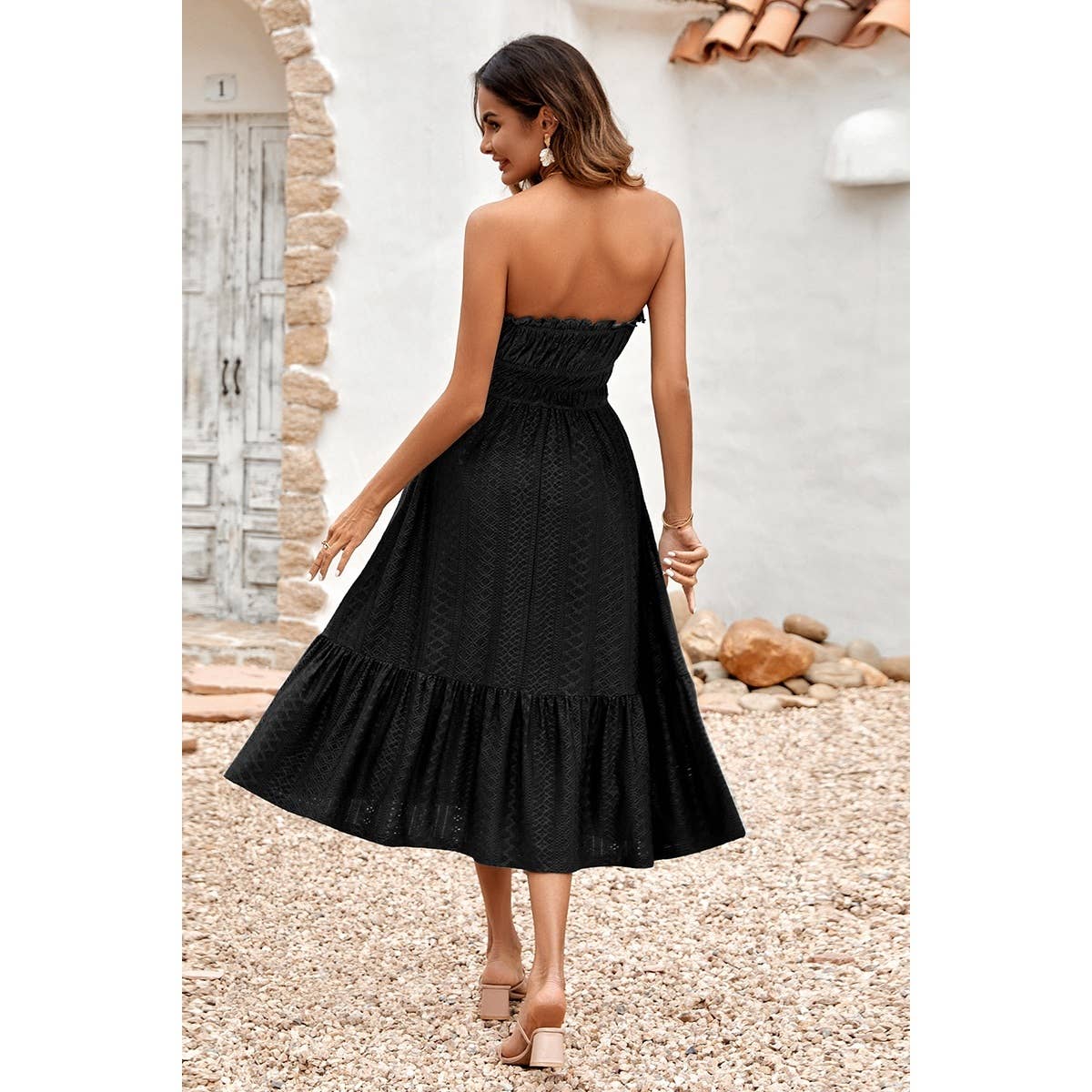 Solid Off Shoulder Elasit Waist Ruffle Dress - MVTFASHION.COM