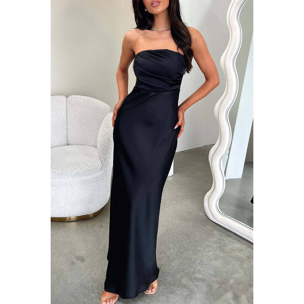 Solid Off Shoulder Ruched Bodycon Full Dress - MVTFASHION.COM