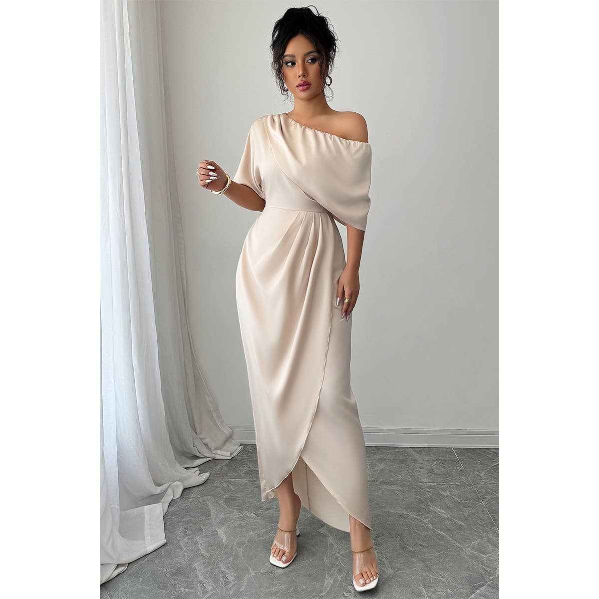 Solid One Shoulder Cross Ruched Dress - MVTFASHION.COM